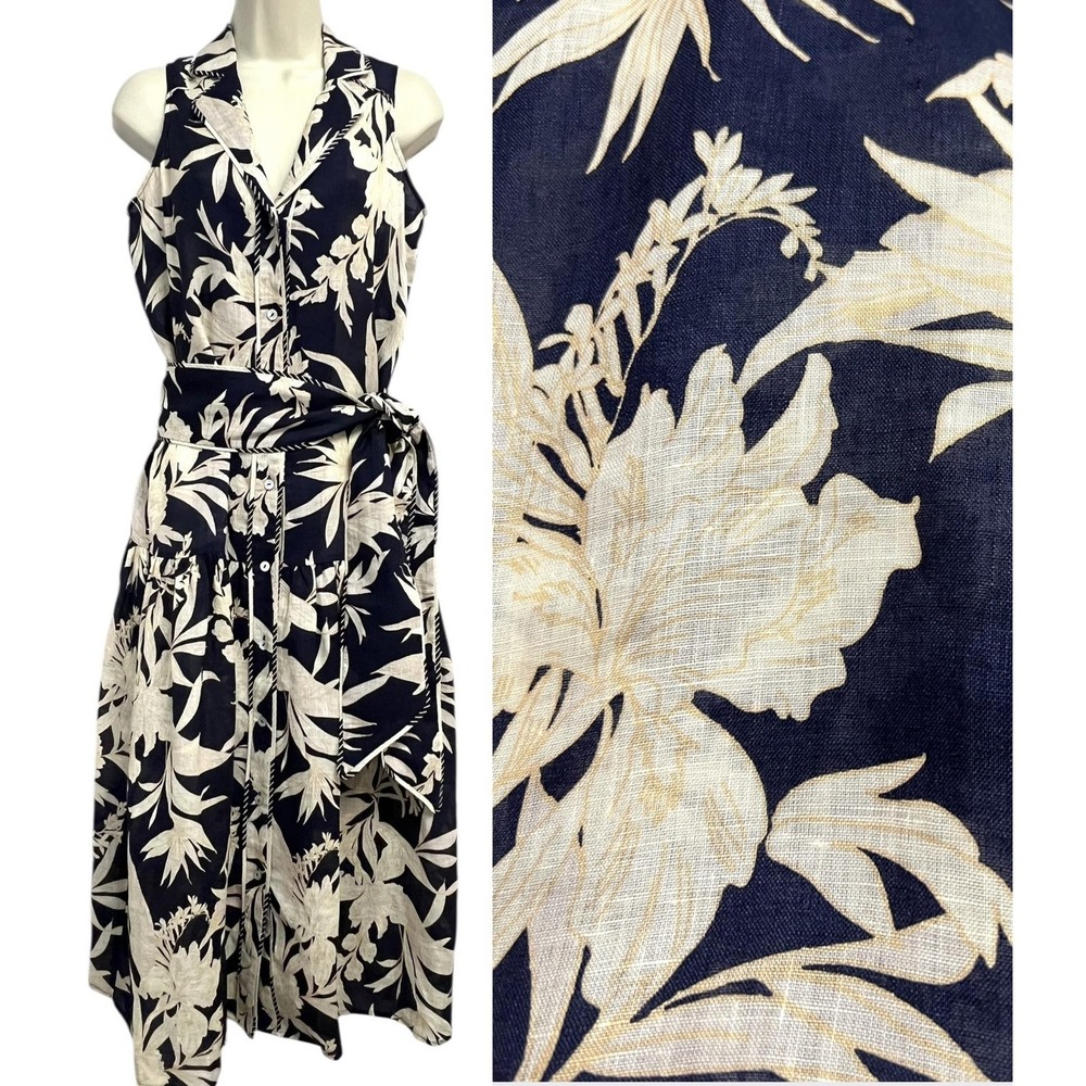 Christy Lynn Dress Womens XS Navy Linen Sleeveless Belted Button Floral Tropical